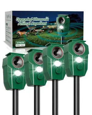 Solar Deer Repellent Devices Outdoor - Ultrasonic Animal Repellent with Motion Sensor & Strobe Lights, 4 Pack Waterproof Cat Repellent Outdoor, Repels Raccoon, Coyote for Garden & Lawn Solar Deer Repellent Devices Outdoor - Ultrasonic Animal Repellent with Motion Sensor & Strobe Lights, 4 Pack Waterproof Cat Repellent Outdoor, Repels Raccoon, Coyote for Garden & Lawn