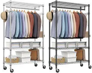 M 2PCS Heavy Duty Rolling Garment Rack 3 Tiers Adjustable Wire Shelving Clothes Rack with Rods and Side Hooks,Storage Closet Clothing Rack with Wheels 15.7" D x 29.5" W x 76.8" H M 2PCS Heavy Duty Rolling Garment Rack 3 Tiers Adjustable Wire Shelving Clothes Rack with Rods and Side Hooks,Storage Closet Clothing Rack with Wheels 15.7" D x 29.5" W x 76.8" H