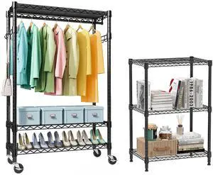 2 PCS Black 3 Tier Heavy Duty Rolling Garment Rack and Wire Storage Shelving 3-Tier Utility Shelving Unit 2 PCS Black 3 Tier Heavy Duty Rolling Garment Rack and Wire Storage Shelving 3-Tier Utility Shelving Unit