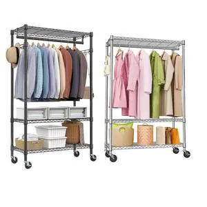M 2PCS Heavy Duty Rolling Garment Rack 3 Tiers Adjustable Wire Shelving Clothes Rack M 2PCS Heavy Duty Rolling Garment Rack 3 Tiers Adjustable Wire Shelving Clothes Rack