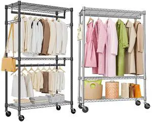M 2 PCS Heavy Duty Rolling Garment Rack 3 Tiers Adjustable Wire Shelving Clothes Rack M 2 PCS Heavy Duty Rolling Garment Rack 3 Tiers Adjustable Wire Shelving Clothes Rack