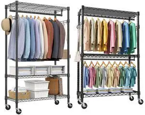 M 2 PCS Heavy Duty Rolling Garment Rack 3 Tiers Adjustable Wire Shelving Clothes Rack with Rods and Side Hooks,Storage Closet Clothing Rack with Wheels Black M 2 PCS Heavy Duty Rolling Garment Rack 3 Tiers Adjustable Wire Shelving Clothes Rack with Rods and Side Hooks,Storage Closet Clothing Rack with Wheels Black
