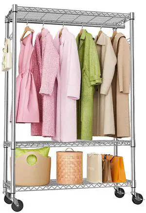 M Heavy Duty Rolling Garment Rack 3 Tiers Adjustable Wire Shelving Clothes Rack with 1 Rods and Side Hooks,Storage Closet Clothing Rack with Wheels Chrome 15.7" D x 45.3" W x 75.6" H M Heavy Duty Rolling Garment Rack 3 Tiers Adjustable Wire Shelving Clothes Rack with 1 Rods and Side Hooks,Storage Closet Clothing Rack with Wheels Chrome 15.7" D x 45.3" W x 75.6" H