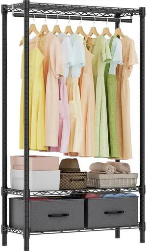 M Heavy Duty Rolling Garment Rack 3 Tiers Adjustable Wire Shelving with Rod, Storage Closet Clothing Rack with Drawers Dark Grey, 15.8" D x 35.5" W x 72.4" H M Heavy Duty Rolling Garment Rack 3 Tiers Adjustable Wire Shelving with Rod, Storage Closet Clothing Rack with Drawers Dark Grey, 15.8" D x 35.5" W x 72.4" H