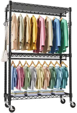 M Heavy Duty Rolling Garment Rack 3 Tiers Adjustable Wire Shelving Clothes Rack with 2 Rods and Side Hooks, Storage Closet Clothing Rack with Wheels Black 17.7" D x 47.2" W x 83.6" H M Heavy Duty Rolling Garment Rack 3 Tiers Adjustable Wire Shelving Clothes Rack with 2 Rods and Side Hooks, Storage Closet Clothing Rack with Wheels Black 17.7" D x 47.2" W x 83.6" H