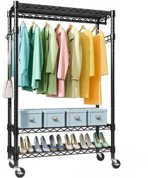 M Heavy Duty Rolling Garment Rack 3 Tiers Adjustable Wire Shelving Clothes Rack with Rods and Side Hooks,Storage Closet Clothing Rack with Wheels Black 17.7" D x 47.2" W x 83.6" H M Heavy Duty Rolling Garment Rack 3 Tiers Adjustable Wire Shelving Clothes Rack with Rods and Side Hooks,Storage Closet Clothing Rack with Wheels Black 17.7" D x 47.2" W x 83.6" H