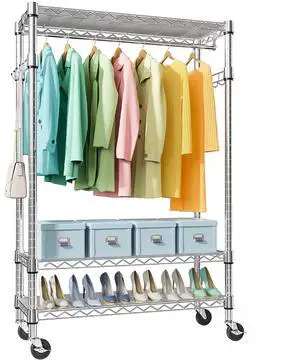 M Heavy Duty Rolling Garment Rack 3 Tiers Adjustable Wire Shelving Clothes Rack with Rods and Side Hooks,Storage Closet Clothing Rack with Wheels Chrome 17.7" D x 47.2" W x 83.6" H M Heavy Duty Rolling Garment Rack 3 Tiers Adjustable Wire Shelving Clothes Rack with Rods and Side Hooks,Storage Closet Clothing Rack with Wheels Chrome 17.7" D x 47.2" W x 83.6" H