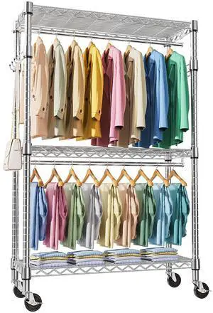M Heavy Duty Rolling Garment Rack 3 Tiers Adjustable Wire Shelving Clothes Rack with 2 Rods and Side Hooks, Storage Closet Clothing Rack with Wheels Chrome 17.7" D x 47.2" W x 83.6" H M Heavy Duty Rolling Garment Rack 3 Tiers Adjustable Wire Shelving Clothes Rack with 2 Rods and Side Hooks, Storage Closet Clothing Rack with Wheels Chrome 17.7" D x 47.2" W x 83.6" H