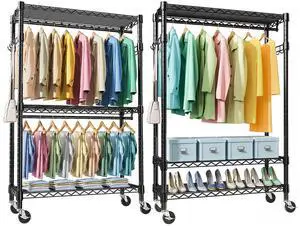 M 2 PCS Heavy Duty Rolling Garment Rack 3 Tiers Adjustable Wire Shelving Clothes Rack with 2 Rods and Side Hooks, Storage Closet Clothing Rack with Wheels Black 17.7" D x 47.2" W x 83.6" H M 2 PCS Heavy Duty Rolling Garment Rack 3 Tiers Adjustable Wire Shelving Clothes Rack with 2 Rods and Side Hooks, Storage Closet Clothing Rack with Wheels Black 17.7" D x 47.2" W x 83.6" H