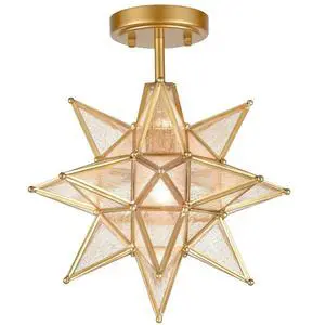 HYDELITE Brushed Gold Moravian Star Ceiling Light with Seeded Glass | Brass 13" Semi Flush Mount Ceiling Light for Foyer Hallway Bedroom HYDELITE Brushed Gold Moravian Star Ceiling Light with Seeded Glass | Brass 13" Semi Flush Mount Ceiling Light for Foyer Hallway Bedroom