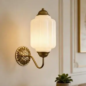 HYDELITE Vintage Gold Milk Glass Wall Sconce with White Pumpkin Shade | Mid Century Brass Finish Wall Lamp for Bedroom Dining Room Hallway Entryway Living Room HYDELITE Vintage Gold Milk Glass Wall Sconce with White Pumpkin Shade | Mid Century Brass Finish Wall Lamp for Bedroom Dining Room Hallway Entryway Living Room