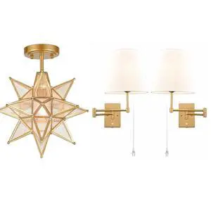 HYDELITE Gold Moravian Star Ceiling Light and Swing Arm Wall Lamp Set HYDELITE Gold Moravian Star Ceiling Light and Swing Arm Wall Lamp Set