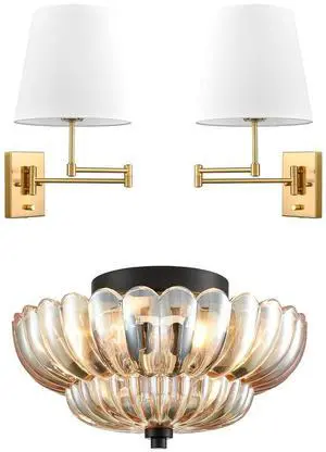 HYDELITE Amber Glass Flush Mount Ceiling Light & Gold Plug-in Wall Sconce HYDELITE Amber Glass Flush Mount Ceiling Light & Gold Plug-in Wall Sconce