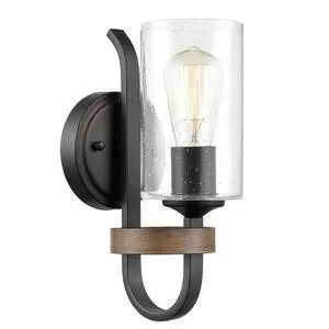HYDELITE Industrial Seeded Cylindrical Glass Black Wall Sconce | Farmhouse Black & Wood Grain Finish Accented Bathroom Wall Light Oil Rubbed Bronze for Bedroom Hallway HYDELITE Industrial Seeded Cylindrical Glass Black Wall Sconce | Farmhouse Black & Wood Grain Finish Accented Bathroom Wall Light Oil Rubbed Bronze for Bedroom Hallway