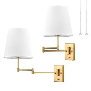 HYDELITE Gold Swing Arm Wall Lamp Brass Wall Sconces with Linen Shade | Plug-in or Hardwired Wall Light Fixtures Bedroom Bedside, House Reading, Living Room, Home Hallway, Dining Set of 2 HYDELITE Gold Swing Arm Wall Lamp Brass Wall Sconces with Linen Shade | Plug-in or Hardwired Wall Light Fixtures Bedroom Bedside, House Reading, Living Room, Home Hallway, Dining Set of 2