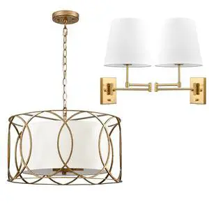 HYDELITE Elegant Gold Swing Arm Wall Lamp and Stylish Brass Drum Pendant Light 3-Light HYDELITE Elegant Gold Swing Arm Wall Lamp and Stylish Brass Drum Pendant Light 3-Light
