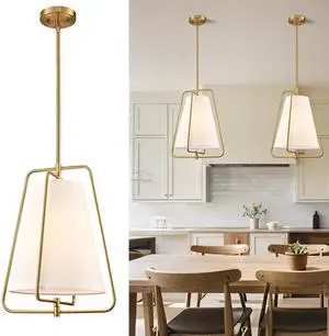 HYDELITE Vintage Gold Pendant Light with White Linen Shade | Fabric Adjustable Height Brass Chandelier for Living Room Dining Room Kitchen Island Hallway HYDELITE Vintage Gold Pendant Light with White Linen Shade | Fabric Adjustable Height Brass Chandelier for Living Room Dining Room Kitchen Island Hallway
