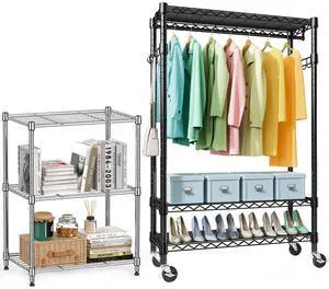 M 2PCS Heavy Duty Rolling Garment Rack and Shelving Unit 3 Tiers Adjustable Wire Shelving Clothes Rack with Rods and Side Hooks,Storage Closet Clothing Rack M 2PCS Heavy Duty Rolling Garment Rack and Shelving Unit 3 Tiers Adjustable Wire Shelving Clothes Rack with Rods and Side Hooks,Storage Closet Clothing Rack