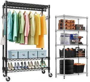 M Steel Heavy Duty 5-Tier Utility Shelving Unit and Heavy Duty Rolling Garment Rack 3 Tiers Adjustable Wire Shelving Clothes Rack M Steel Heavy Duty 5-Tier Utility Shelving Unit and Heavy Duty Rolling Garment Rack 3 Tiers Adjustable Wire Shelving Clothes Rack