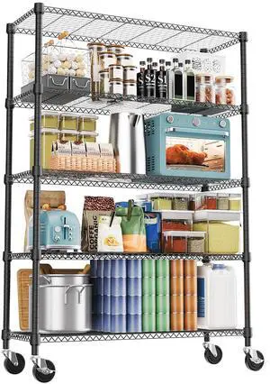M 1750LBS 47.2" W 5 Tiers Storage Shelves Metal Shelving Unit with Wheels Heavy Duty Garage Shelving Adjustable Wire Shelves for Pantry,Kitchen,Garage,Basement,Black 17.7" D x 47.2" W x 76.8" H M 1750LBS 47.2" W 5 Tiers Storage Shelves Metal Shelving Unit with Wheels Heavy Duty Garage Shelving Adjustable Wire Shelves for Pantry,Kitchen,Garage,Basement,Black 17.7" D x 47.2" W x 76.8" H