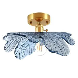 Glass Flush Mount Ceiling Light, Mid Century Modern Ceiling Light Fixtures with Blue Flower Shade Gold Brass Ceiling Lamp Vintage Semi Flush Mount Ceiling Light for Hallway Bedroom Glass Flush Mount Ceiling Light, Mid Century Modern Ceiling Light Fixtures with Blue Flower Shade Gold Brass Ceiling Lamp Vintage Semi Flush Mount Ceiling Light for Hallway Bedroom