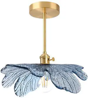 Semi Flush Mount Ceiling Light Blue Flower Shade Mid Century Modern | 12.99" Blue Hand-Blown Glass Shade,Gold Brass Finish Ceiling Fixture ,E26 Base,Farmhouse ,Kitchen ,Dining Room ,Hallway Semi Flush Mount Ceiling Light Blue Flower Shade Mid Century Modern | 12.99" Blue Hand-Blown Glass Shade,Gold Brass Finish Ceiling Fixture ,E26 Base,Farmhouse ,Kitchen ,Dining Room ,Hallway