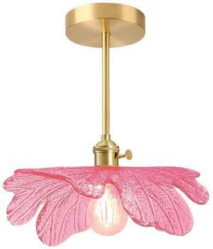 Pink Semi Flush Mount Ceiling Light -Flower Glass Shade Mid Century | Gold Brass Close to Ceiling Light,12.99 Flowers Shade,E26 Base, 7.9 Long Rod,Entrance,Hallway,Closet,Bedroom,Kitchen,Porch Pink Semi Flush Mount Ceiling Light -Flower Glass Shade Mid Century | Gold Brass Close to Ceiling Light,12.99 Flowers Shade,E26 Base, 7.9 Long Rod,Entrance,Hallway,Closet,Bedroom,Kitchen,Porch
