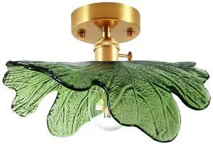 Mid Century Flush Mount Ceiling Light, Modern Glass Ceiling Light Fixtures with Green Flower Shade Gold Brass Ceiling Lamp Vintage Semi Flush Mount Ceiling Light for Hallway Bedroom Mid Century Flush Mount Ceiling Light, Modern Glass Ceiling Light Fixtures with Green Flower Shade Gold Brass Ceiling Lamp Vintage Semi Flush Mount Ceiling Light for Hallway Bedroom