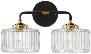 Mid Century Modern Wall Sconce Clear Glass 6.7" Shade Striped Glass Bathroom Vanity Lights Vintage Style Brushed Finish Black Gold Wall Mount Light for Living Room, Bedroom, Hallway Mid Century Modern Wall Sconce Clear Glass 6.7" Shade Striped Glass Bathroom Vanity Lights Vintage Style Brushed Finish Black Gold Wall Mount Light for Living Room, Bedroom, Hallway