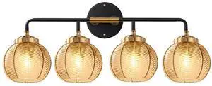 4Lights Bathroom Vanity Light Fixture Amber Glass Globe Wall Sconce | Mid Century Modern Vintage 5.9 Ribbed Glass Shade Black Gold Finish 27.2 for Bathroom Over Mirror Bedroom Hallway 4Lights Bathroom Vanity Light Fixture Amber Glass Globe Wall Sconce | Mid Century Modern Vintage 5.9 Ribbed Glass Shade Black Gold Finish 27.2 for Bathroom Over Mirror Bedroom Hallway