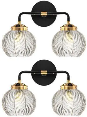 Mid Century Modern Wall Sconce Bathroom Light fixtures 2 Light Ribbed Globe Sconces Vanity Lighting Fixture Black and Gold Vanity Lights Double Wall sconces with Clear Glass Shades Mid Century Modern Wall Sconce Bathroom Light fixtures 2 Light Ribbed Globe Sconces Vanity Lighting Fixture Black and Gold Vanity Lights Double Wall sconces with Clear Glass Shades