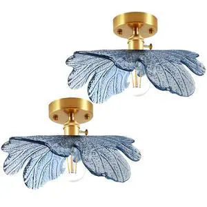 2-Pack Glass Flush Mount Ceiling Light Mid Century Modern Ceiling Light Fixtures Blue Flower Shade Brushed Gold Brass Hallway Lamp Vintage Semi Flush Mount Lamp for Entrance Bedroom 2-Pack Glass Flush Mount Ceiling Light Mid Century Modern Ceiling Light Fixtures Blue Flower Shade Brushed Gold Brass Hallway Lamp Vintage Semi Flush Mount Lamp for Entrance Bedroom