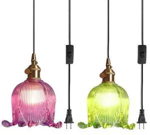 Plug in Hanging Lamp Flower Hanging Light Fixiture Green Glass | Vintage Plug in Pendant Light Fixtures Gold Brass Finish with 14.7ft Plug in Cord E26 Base Kitchen Island Living Room Plug in Hanging Lamp Flower Hanging Light Fixiture Green Glass | Vintage Plug in Pendant Light Fixtures Gold Brass Finish with 14.7ft Plug in Cord E26 Base Kitchen Island Living Room