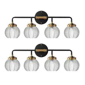 4-Light Black Gold Bathroom Light Fixture Vanity Light Sconces Wall Decor Set of 2 with Clear Glass Ribbed Globe Shade Bathroom Vanity Lights Above Mirror for Powder Room Farmhouse 4-Light Black Gold Bathroom Light Fixture Vanity Light Sconces Wall Decor Set of 2 with Clear Glass Ribbed Globe Shade Bathroom Vanity Lights Above Mirror for Powder Room Farmhouse