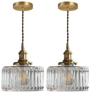 2-Pack Vintage Pendant Light Fixture Gold Pendant Lights Fixtures Clear Kitchen Island Ceiling Hanging Light Round Striped Glass Shade Farmhouse Antique Brass Hanging Pendant Lights 2-Pack Vintage Pendant Light Fixture Gold Pendant Lights Fixtures Clear Kitchen Island Ceiling Hanging Light Round Striped Glass Shade Farmhouse Antique Brass Hanging Pendant Lights