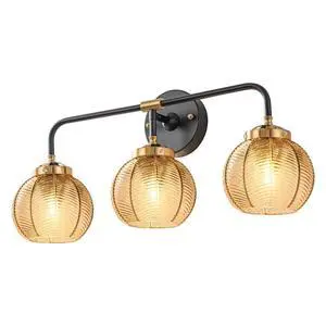 3 Light Glass Globe Wall Sconce Lights Amber Mid Century Modern Wall Light Fixtures Bathroom Vanity Lights with Ribbed Glass Shade Black Gold Wall Mount Lamp Over Mirror Bedroom 3 Light Glass Globe Wall Sconce Lights Amber Mid Century Modern Wall Light Fixtures Bathroom Vanity Lights with Ribbed Glass Shade Black Gold Wall Mount Lamp Over Mirror Bedroom