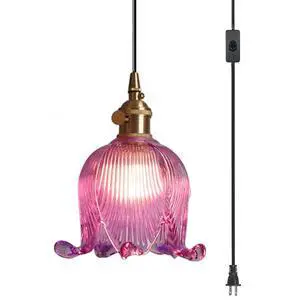 Hanging Swag Plug in Pendant Light Flower Shaped Purple Glass Plug Pendant Lamp with 15 ft Switch Cord Plug in Vintage Industrial Hanging Light for Kitchen Bedroom Background Hanging Swag Plug in Pendant Light Flower Shaped Purple Glass Plug Pendant Lamp with 15 ft Switch Cord Plug in Vintage Industrial Hanging Light for Kitchen Bedroom Background
