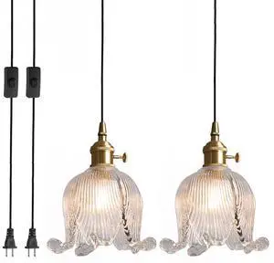 Glass Pendant Light Plug in Gold Pendant Lamp Clear Flower Glass Shade Mid Century Modern Pendant Light Plug in with 15 ft Inline On/Off Switch Cord Plug-in Pendant Light Fixture Glass Pendant Light Plug in Gold Pendant Lamp Clear Flower Glass Shade Mid Century Modern Pendant Light Plug in with 15 ft Inline On/Off Switch Cord Plug-in Pendant Light Fixture