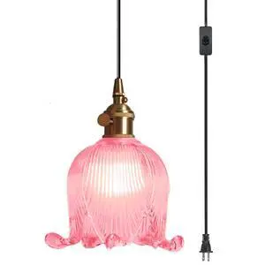 Small Plug in Pendant Light Flower Shaped Pink Glass Hanging Lamp with 15FT Adjustable Switch Cord UL Listed E26 Gold Brass Plug in Pendant Lighting for Kitchen Island Bedroom Foyer Small Plug in Pendant Light Flower Shaped Pink Glass Hanging Lamp with 15FT Adjustable Switch Cord UL Listed E26 Gold Brass Plug in Pendant Lighting for Kitchen Island Bedroom Foyer
