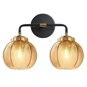 Mid Century Light Fixture Bathroom Wall Sconce 2-Lights with Amber Ribbed Glass Shade Globe Wall Mount Light Modern Vanity Lights for Over Mirror Bedroom Hallway Overhead Mid Century Light Fixture Bathroom Wall Sconce 2-Lights with Amber Ribbed Glass Shade Globe Wall Mount Light Modern Vanity Lights for Over Mirror Bedroom Hallway Overhead