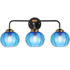 Vanity Lights for Bathroom,Mid Century Vanity Light Black Sconce Blue Bathroom Light Fixture Over Mirror Ribbed Glass Globe Shade Art Deco Vanity Lights Modern Wall Sconce 3-Lights Vanity Lights for Bathroom,Mid Century Vanity Light Black Sconce Blue Bathroom Light Fixture Over Mirror Ribbed Glass Globe Shade Art Deco Vanity Lights Modern Wall Sconce 3-Lights
