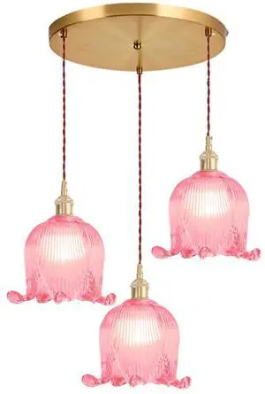 Pink Flower Pendant Light Fixtures Mid-Century Modern Cluster Chandelier, 5.9Inch Flower Glass Shade Brushed Gold Brass Finis Adjustable Cord Chandelier for Dining Room Stair Kitchen Pink Flower Pendant Light Fixtures Mid-Century Modern Cluster Chandelier, 5.9Inch Flower Glass Shade Brushed Gold Brass Finis Adjustable Cord Chandelier for Dining Room Stair Kitchen