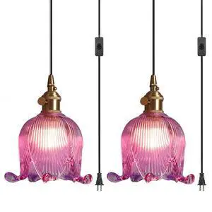 2-Pack Plug in Hanging Lamp, Gold Brass Glass Pendant Light Fixture Plug in Cord Vintage Modern Pendant Lighting Swag Ceiling Lamp Flower Purple Glass Shade for Kitchen Living Room 2-Pack Plug in Hanging Lamp, Gold Brass Glass Pendant Light Fixture Plug in Cord Vintage Modern Pendant Lighting Swag Ceiling Lamp Flower Purple Glass Shade for Kitchen Living Room