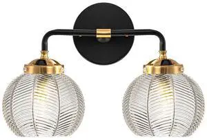 2 Light Bathroom Vanity Light Clear Glass Globe Wall Sconce Lights | Black Wall Mount Light with Ribbed Glass Shade, Mid Century Modern Style E26 Base for Over Mirror Bedroom Hallway Powder room 2 Light Bathroom Vanity Light Clear Glass Globe Wall Sconce Lights | Black Wall Mount Light with Ribbed Glass Shade, Mid Century Modern Style E26 Base for Over Mirror Bedroom Hallway Powder room