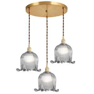 Cluster Chandelier Gray Flower 3-Lights Mid-Century Pendant Light | 5.9" Shade Flower Glass Chandelier Brushed Gold Brass Finish Adjustable cord Modern Lights Fixtures for Dining Room Stair Cluster Chandelier Gray Flower 3-Lights Mid-Century Pendant Light | 5.9" Shade Flower Glass Chandelier Brushed Gold Brass Finish Adjustable cord Modern Lights Fixtures for Dining Room Stair