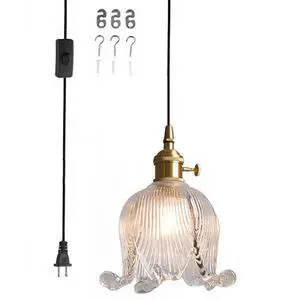 Gold Glass Pendant Light Plug in Pendant Light Fixtures Flower Clear Glass Shade Mid Century Modern 1-Light Brushed Brass Pendant Lighting for Kitchen Island Bedroom Dining Room Gold Glass Pendant Light Plug in Pendant Light Fixtures Flower Clear Glass Shade Mid Century Modern 1-Light Brushed Brass Pendant Lighting for Kitchen Island Bedroom Dining Room
