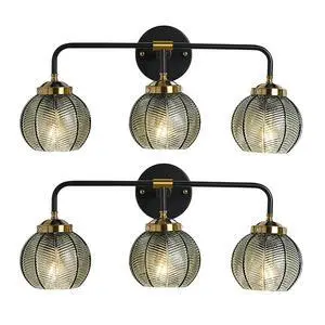 Thick Glass 3-Light Bathroom Vanity Lights Vintage Farmhouse Sconce | Ribbed Smoky Gray Globe Lamp Shade Mid Century Black Gold Bathroom Vanity Lights Fixtures art deco Dining Room above mirror Thick Glass 3-Light Bathroom Vanity Lights Vintage Farmhouse Sconce | Ribbed Smoky Gray Globe Lamp Shade Mid Century Black Gold Bathroom Vanity Lights Fixtures art deco Dining Room above mirror