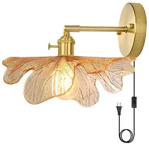 Plug in Wall Sconces Mid Century Modern Wall Light Gold Bathroom Vanity Lamp with Amber Flower Glass Shade Plug in Cold On/Off Switch Swag Wall Light for Living Room Hallway (Amber) Plug in Wall Sconces Mid Century Modern Wall Light Gold Bathroom Vanity Lamp with Amber Flower Glass Shade Plug in Cold On/Off Switch Swag Wall Light for Living Room Hallway (Amber)