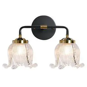 Mid Century Bathroom Vanity Light Black Gold Wall Sconce 2 Lights with Clear Flower Glass Shade Vintage Modern Art Deco Vanity Lights for Over Mirror Bedroom Hallway Farmhouse Mid Century Bathroom Vanity Light Black Gold Wall Sconce 2 Lights with Clear Flower Glass Shade Vintage Modern Art Deco Vanity Lights for Over Mirror Bedroom Hallway Farmhouse