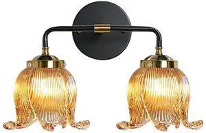 Amber Glass Vanity Light Bathroom Light fixtures Mid Century Brushed Gold Black Wall Sconce with 2 Light Flower Shade Vintage Art Deco Vanity Lights for Over Mirror Bedroom Hallway (Amber) Amber Glass Vanity Light Bathroom Light fixtures Mid Century Brushed Gold Black Wall Sconce with 2 Light Flower Shade Vintage Art Deco Vanity Lights for Over Mirror Bedroom Hallway (Amber)